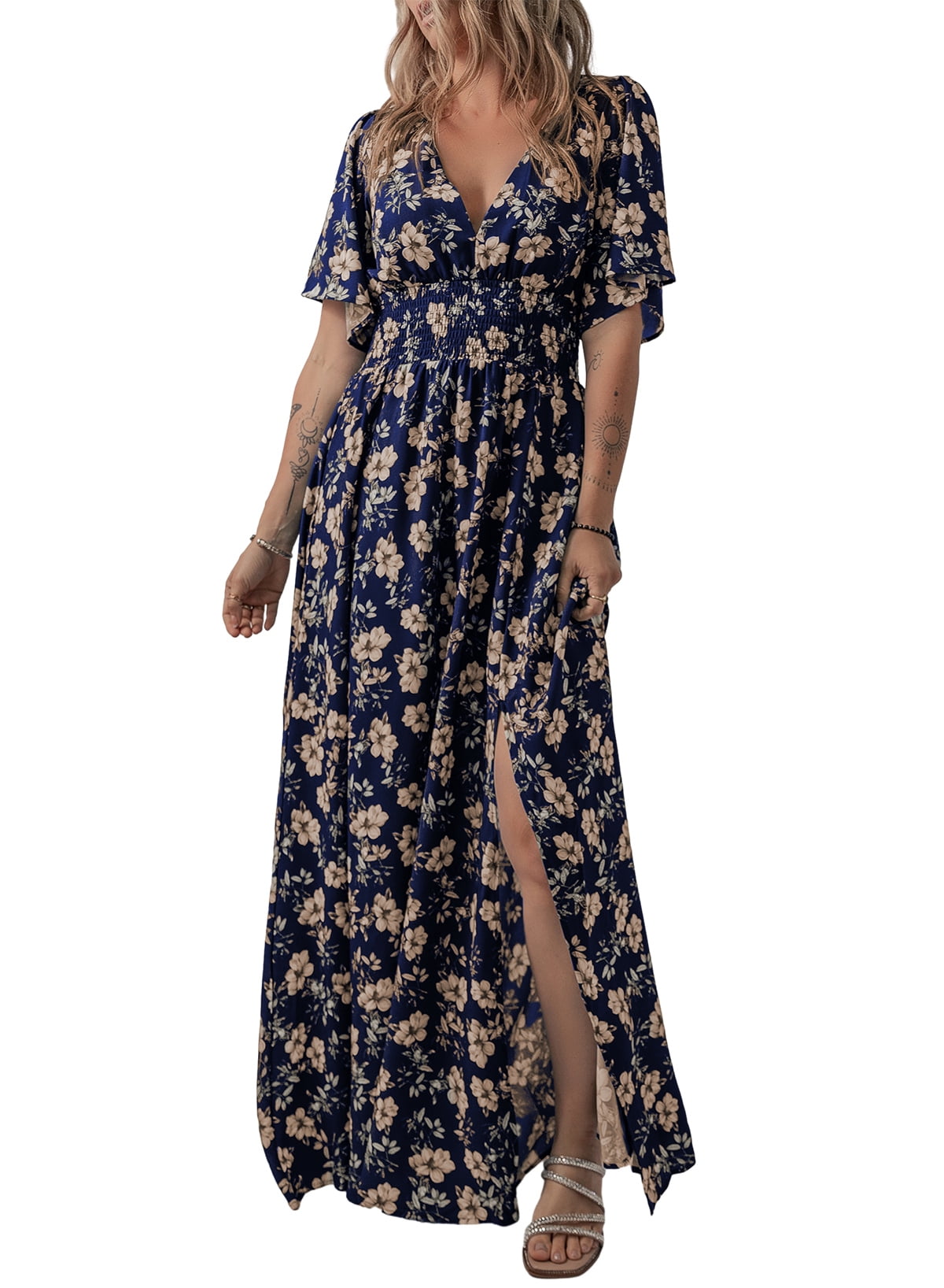 Dokotoo Womens Maxi Dresses Trendy Floral Printed Long Dress Summer Short Sleeve Beach