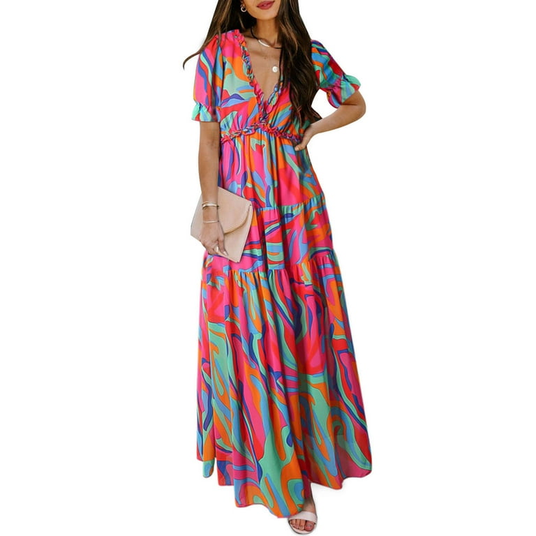 Chiffon 3/4 Sleeve Print Knee Length V Neck Elastic Waist Vacation Dresses Chiffon 3/4 Sleeve Print Knee Length V Neck Elastic Waist Vacation Dresses