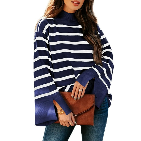 DOKOTOO Womens Pullover Sweaters 2023 Fashion Loose Bell Sleeve Fall Sweater Mock Neck Color Block Striped Winter Jumpers Top with Split Cuffs Size Medium US8-10