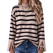 DOKOTOO Womens Pullover Sweaters Classic Striped Long Sleeve Sweater Fall Autumn Loose Fitting Mock Neck Color Block Jumper Tops Size Small US4-6