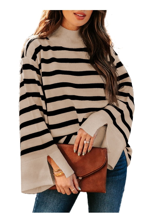 Womens Pullover Sweaters Classic Striped Long Sleeve Sweater Fall Autumn Loose Fitting Mock Neck Color Block Jumper Tops Size Small US4-6