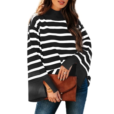 DOKOTOO Womens Pullover Sweaters Loose Mock Neck Ribbed Sweaters Casual Fall Bell Sleeve Split Cuffs Striped Jumper Tops Size Large US12-14