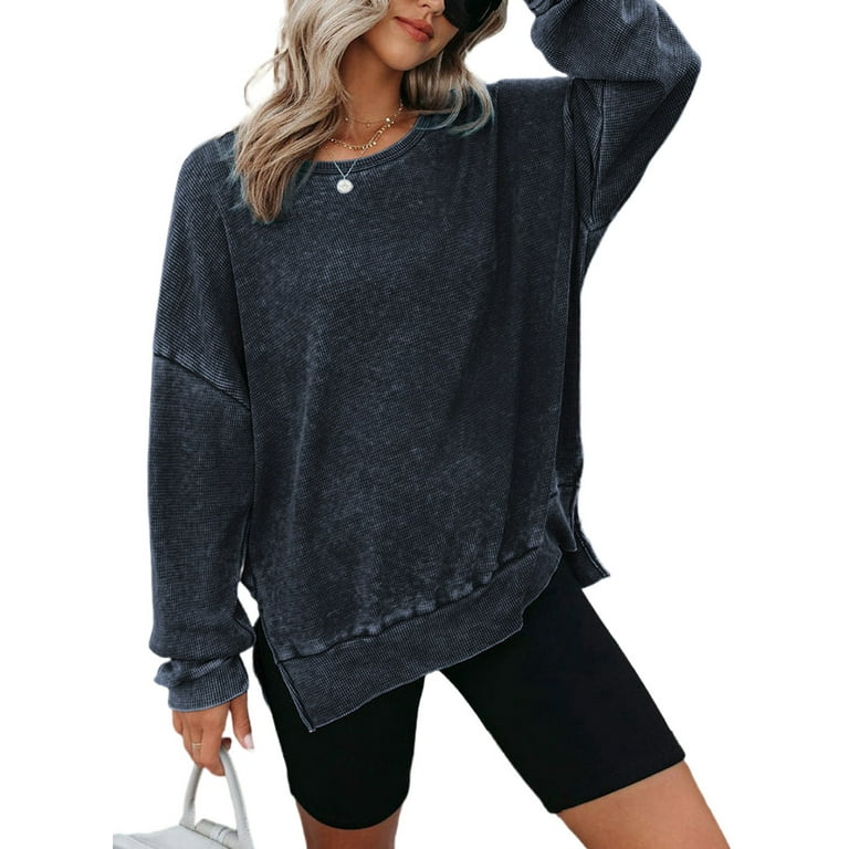 Crewneck Sweatshirt Women Side Slit Pullover Tops Long Sleeve Oversized  Sweatshirts 
