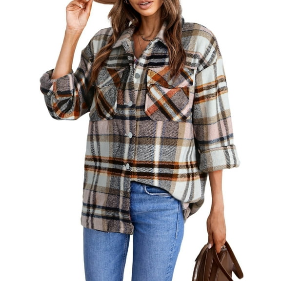 Dokotoo Womens Shackets Plaid Button Down Shirt Jacket for Women Long Sleeve Flannel Shirts Oversized Blouses Tops With Pockets Size Large US 12-14