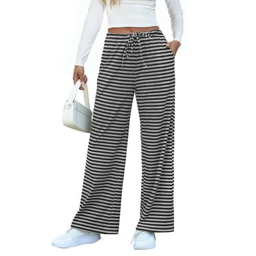 DOKOTOO Womens Striped Wide Leg Pants Casual Drawstring Elastic Lounge Pants Loose Fit Sweatpants with Pockets Grey S