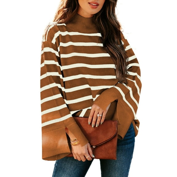 DOKOTOO Womens Striped Sweater Mock Neck Ribbed Knit Top Baggy Jumper Top Bell Sleeve Pullover Sweaters Soft Casual Winter Tops Side Split Sleeve Jumpers