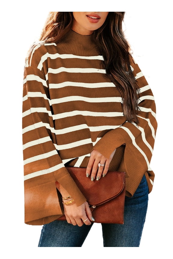 Womens Striped Sweater Mock Neck Ribbed Knit Top Baggy Jumper Top Bell Sleeve Pullover Sweaters Soft Casual Winter Tops Side Split Sleeve Jumpers