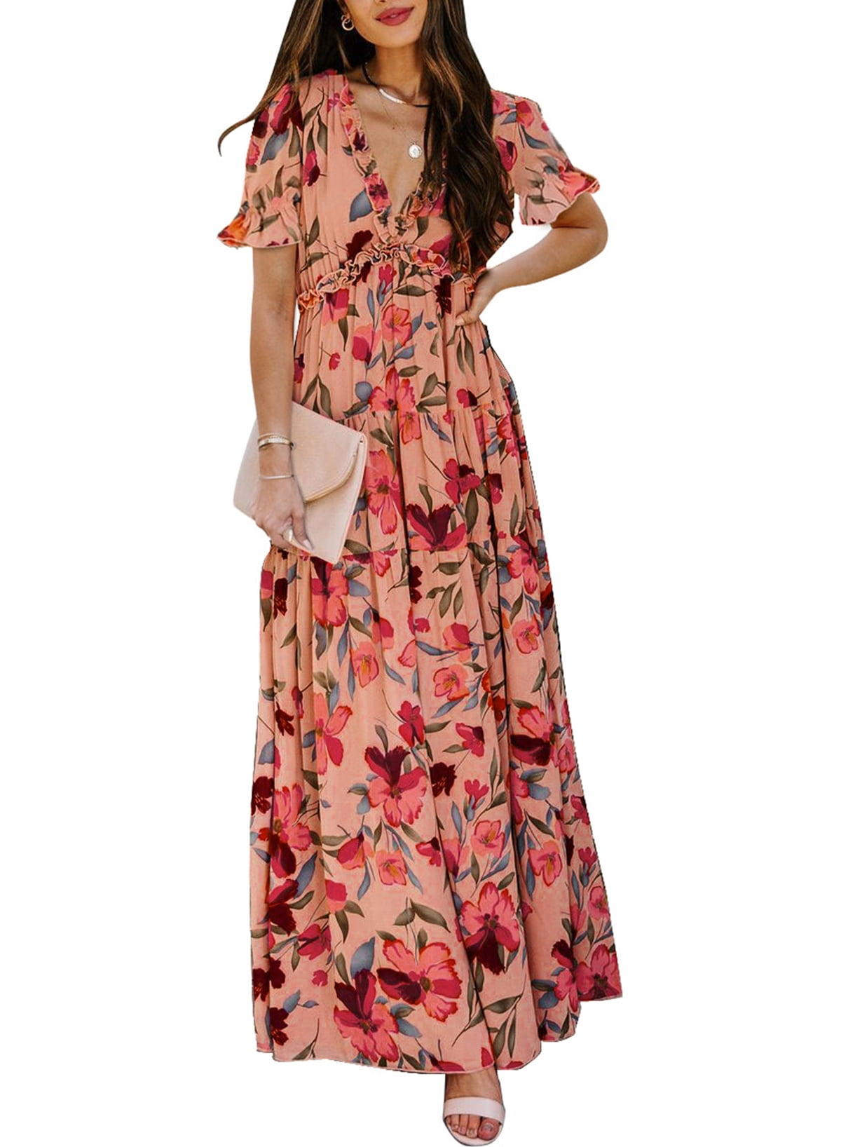 Dokotoo Womens Summer Evening Dress Fashion Elegant Short Sleeves Plunge V-neck Party Cocktail Maxi Dress Casual Floral Print Ruffle Chiffon Maxi Dresses, Red US 8-10(M)