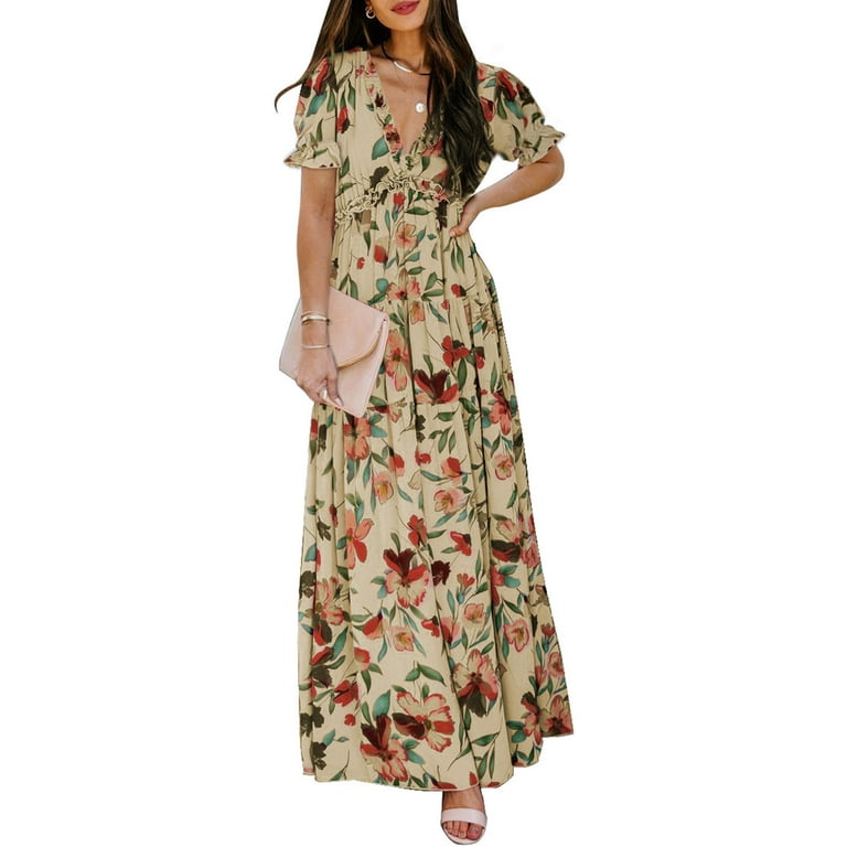 Chiffon Short Sleeve V Neck High Waist Floral Dresses Chiffon Short Sleeve V Neck High Waist Floral Dresses