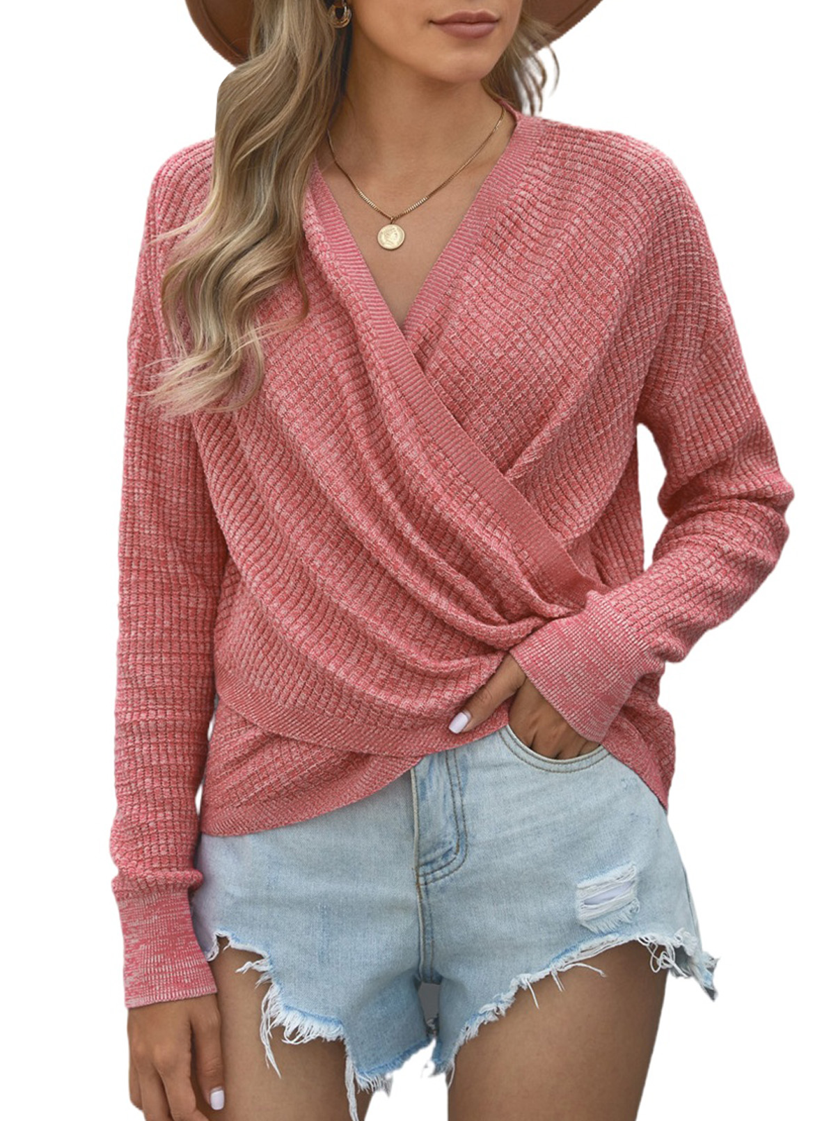 Dokotoo Womens Sweaters Cute Knit Sweater Tops Deep V Neck Wrap Chunky