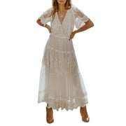 Dokotoo Womens White Lace Dress Long Bridesmaid Formal Dress Wedding Dress Chiffon Evening Gown Size Large US 12-14