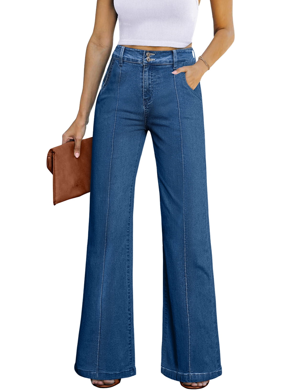 Pull On Womens Jeans Baggy Stretchy High Waisted Denim Wide Leg Trouser ...
