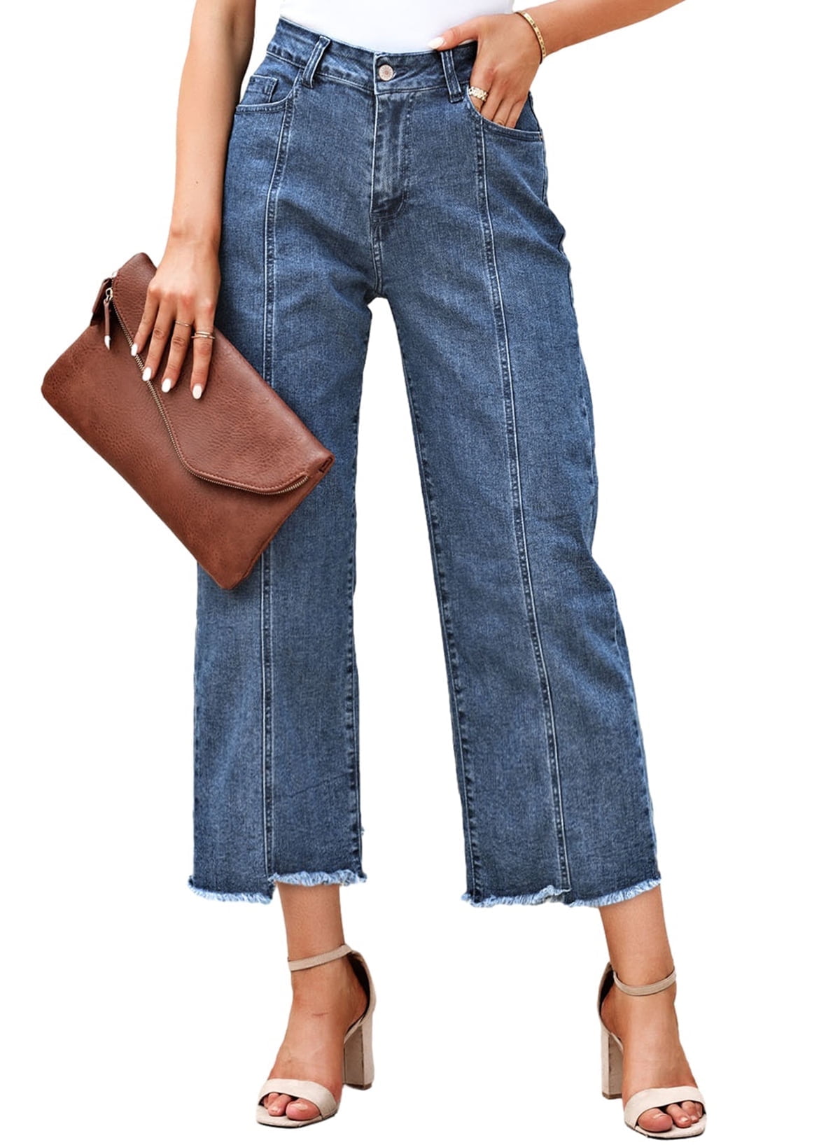 Dokotoo Womens Wide Leg Jeans High Rised Baggy Jeans Boyfriend Stretchy Wide Straight Leg Denim Jean Pants Raw Hem Casual Loose Straight Jeans Blue US 10
