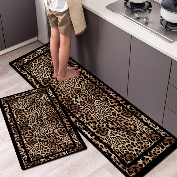 Dokriy Leopard Print Kitchen Rug Set, Non-Slip Washable Floor Mat for Kitchen, Living Room, Bathroom, Indoor & Outdoor