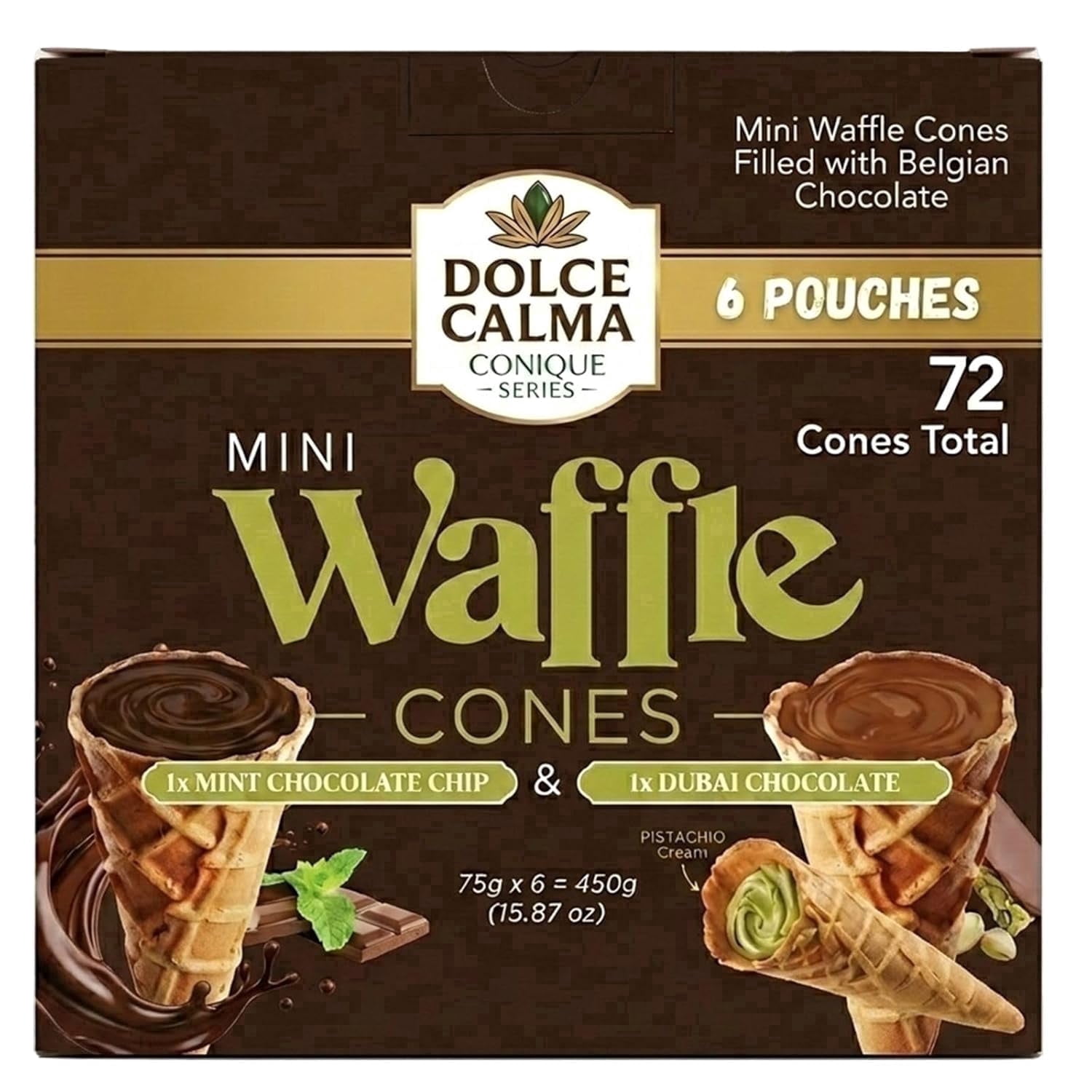 Dolce Calma Belgian Chocolate Mini Waffle Cones, Dubai Chocolate & Mint Variety Pack, 72 Cones Total (2 Boxes), Crispy Gourmet Snacks for Gifting & Parties, 12 Packs x 6 Cones Bundle Pack