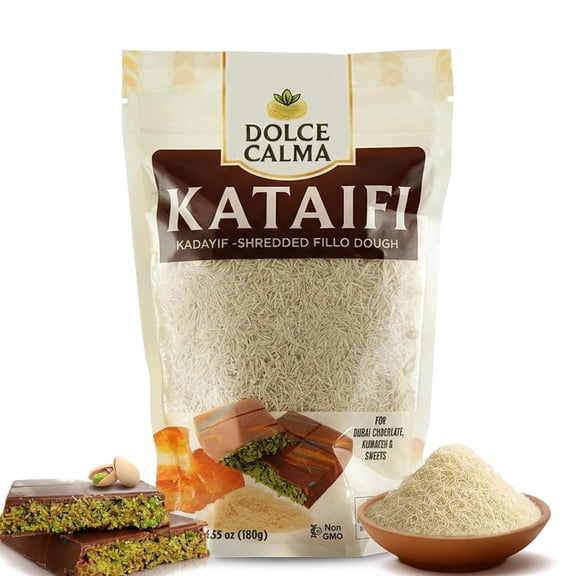 Dolce Calma Dried Kataifi Dough (180g / 6.4oz) – Kadayif for Dubai Chocolate Bar, Kunafa & Baklava Desserts, Finely Shredded Fillo, Resealable Bag, Phyllo for Pistachio Cream Bakery Dry Knafeh