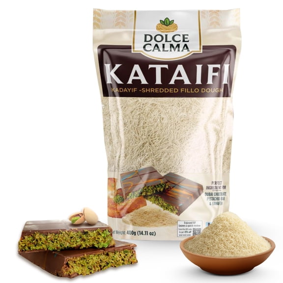 Dolce Calma Dried Kataifi Dough (400g / 14.1oz) – Kadayif for Dubai Chocolate Bar, Kunafa & Baklava Desserts, Finely Shredded Fillo, Resealable Bag, Phyllo for Pistachio Cream Bakery Knafeh