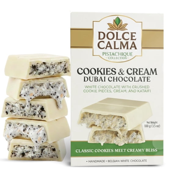 Dolce Calma Dubai Chocolate Bar Cookie (100g / 3.5oz) Viral Authentic Handmade Belgian Chocolate with Turkish Pistachio & Crispy Kataifi, Premium Candy, Luxury Cream Kunafa Filling, No Palm Oil