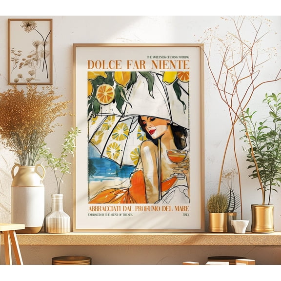 Dolce Far Niente Poster: Retro Italian Beach Poster, Woman Fashion, Stretched Canvas Size 16x24