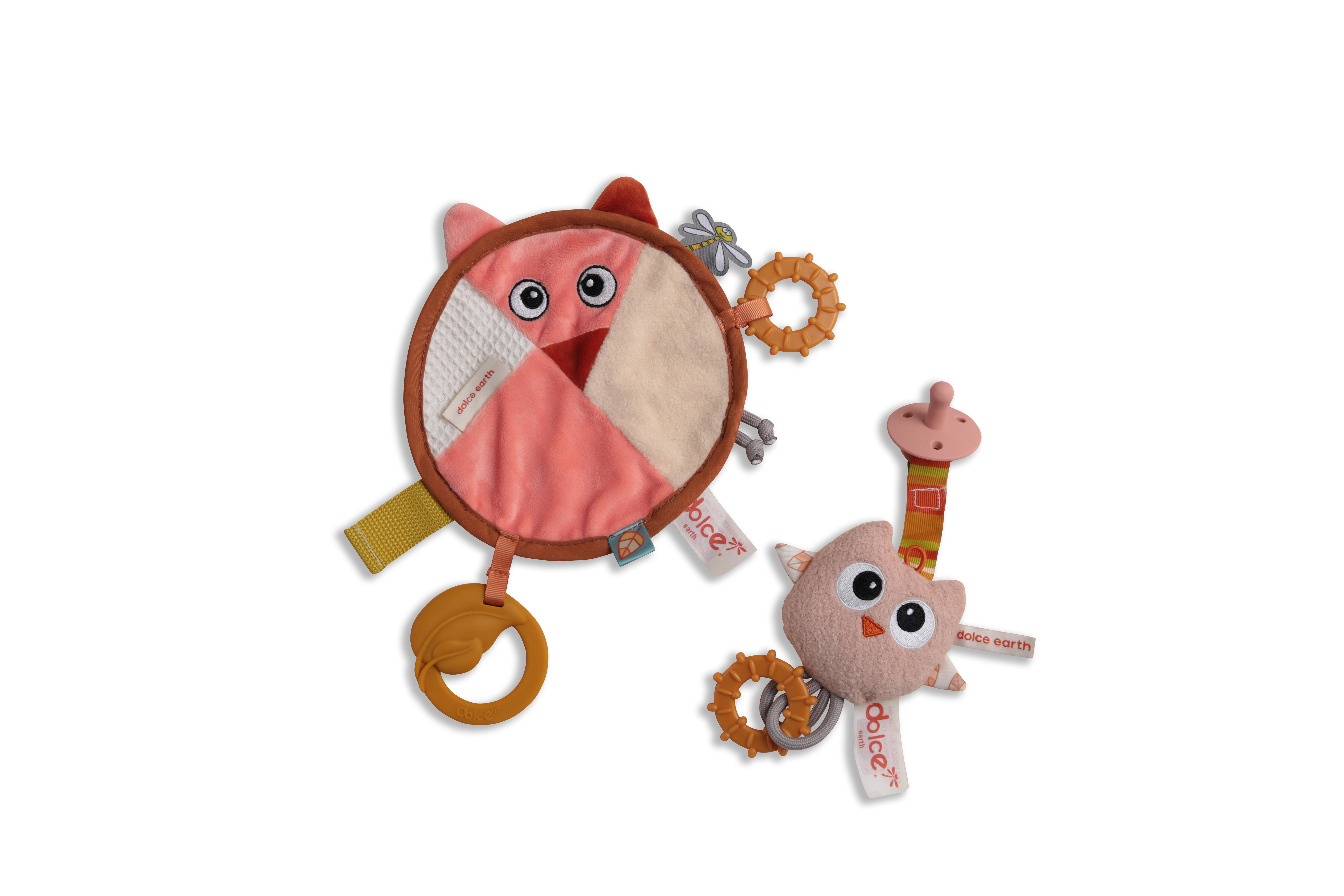 Dolce Fiona the fox comforter and Ollie the owl pacifier clip holder
