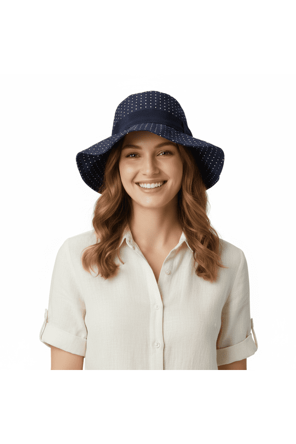 100% Silk Black Polka Dot Bucket Hat with Floppy Brim-57 for Womens
