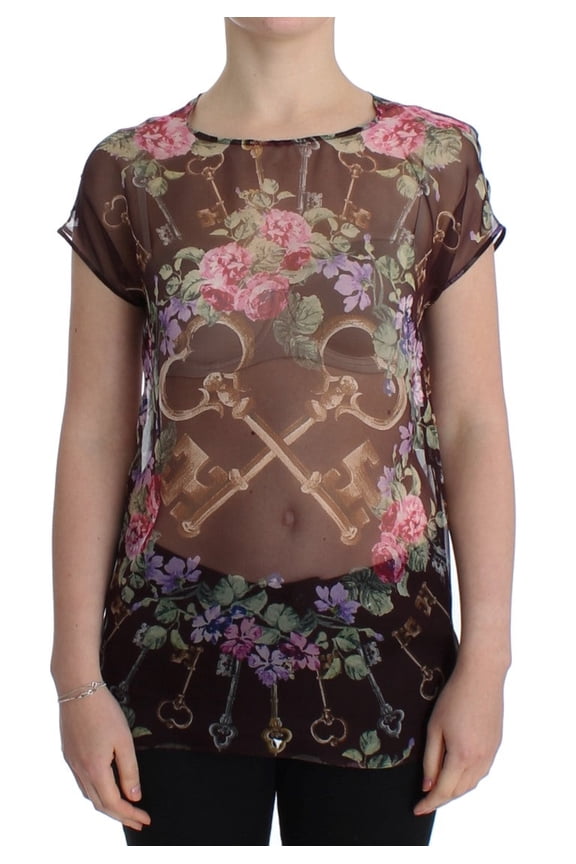 Dolce Gabbana Black Key Floral Print Silk Blouse T-shirt