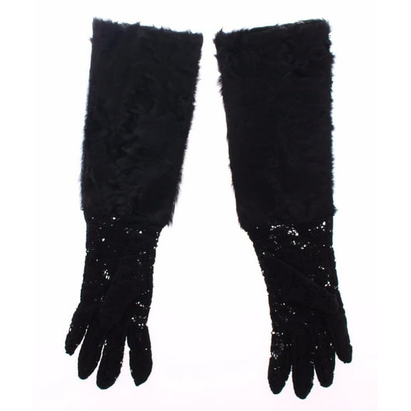 Dolce Gabbana Black Lace Wool Lambskin Fur Elbow Gloves