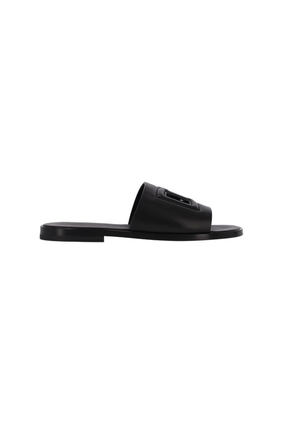 Black Leather Logo Slides Sandals Black (Men's)
