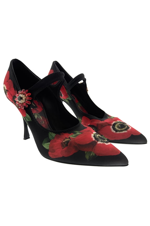Black/Red Poppy Print Jersey Pointed Toe Pumps-EU39.5 for womens