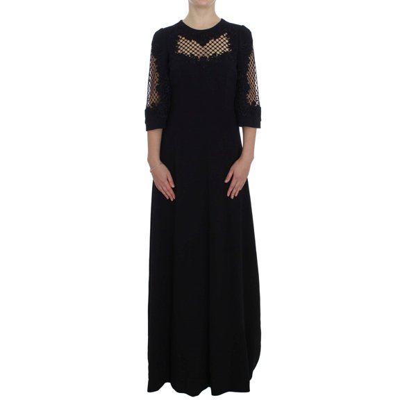Dolce & Gabbana Black Ricamo Wool Stretch Maxi Dress