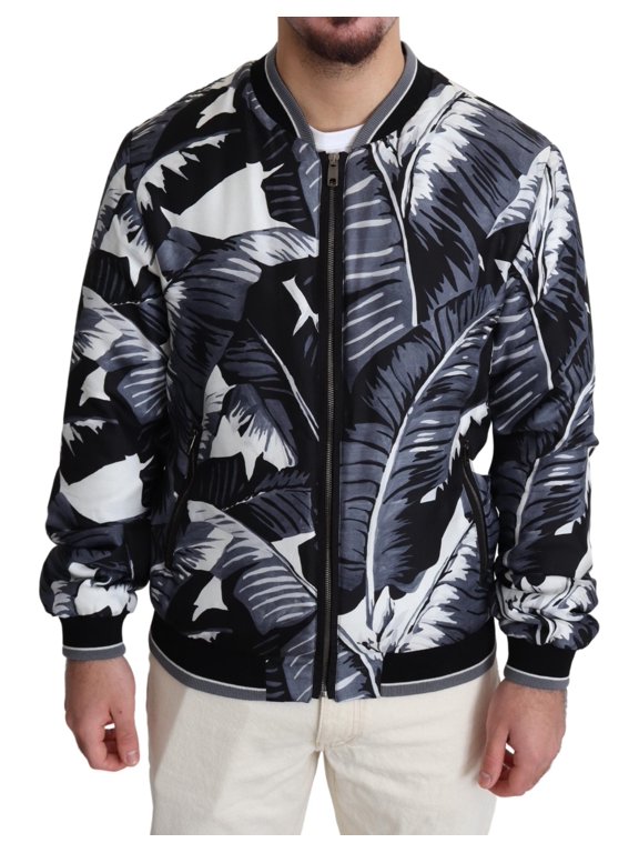 Dolce Gabbana Black Silk Banana Leaf Print Bomber Jacket