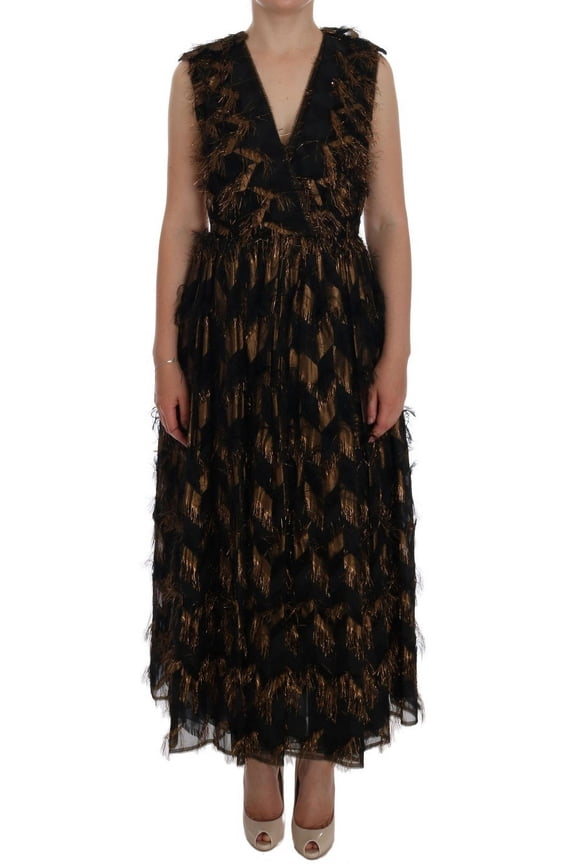 Dolce  Gabbana Black Silk Brown Fringes A-Line Dress