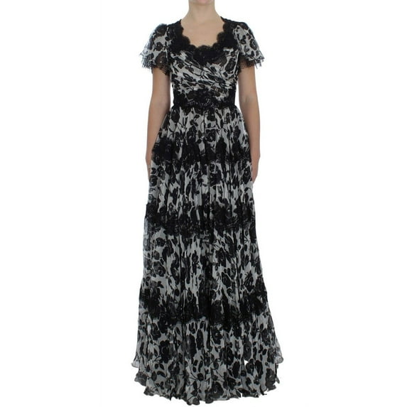 Dolce & Gabbana Black Silk Floral Lace Ricamo Ball Maxi Dress