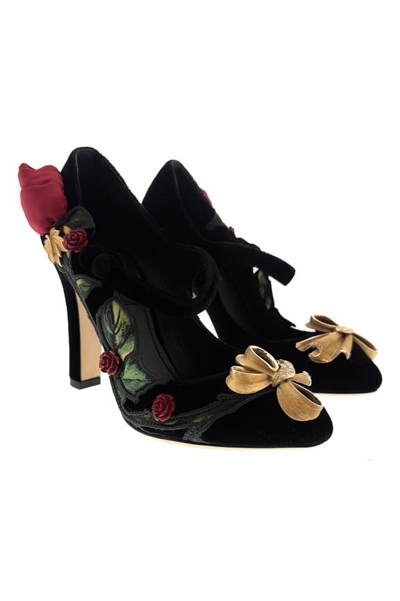 Black Velvet Embellished Vintage Heels-EU35.5 for womens