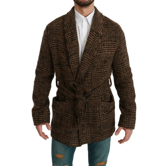 Dolce & Gabbana Brown Checkered Wool Robe Coat Wrap Jacket