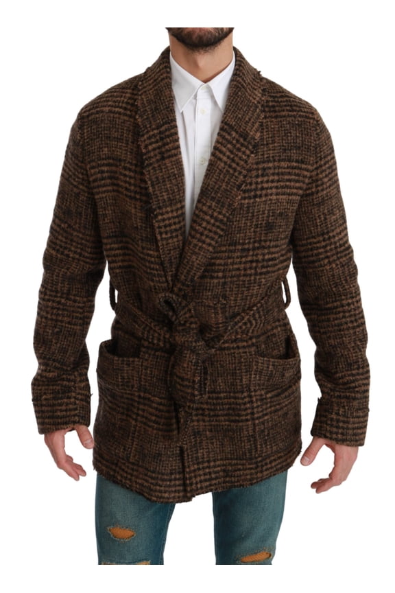 Brown Checkered Wool Robe Coat Wrap Jacket