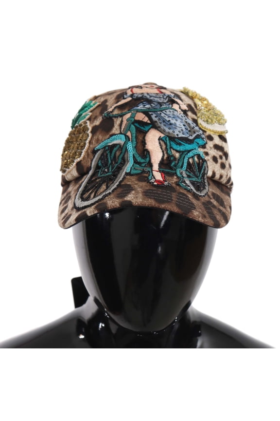 Dolce Gabbana Brown Leopard Sequin Sicily Applique Baseball Hat
