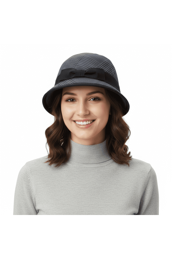 Cotton Linen Blend Blue Plaid Bucket Hat with Bow Band--59 for Womens