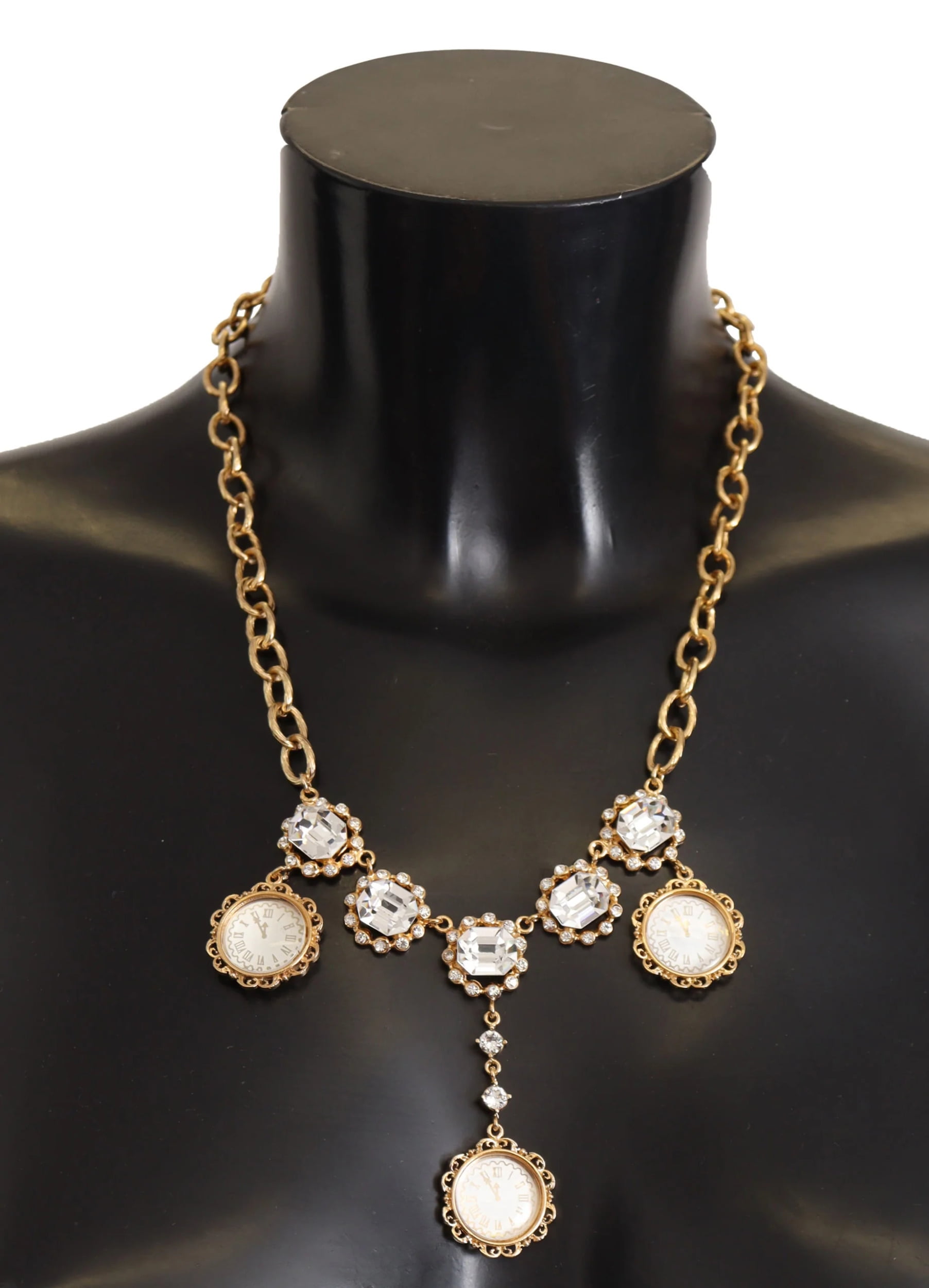 Dolce Gabbana Crystal Clock Statement Gold Brass Chain