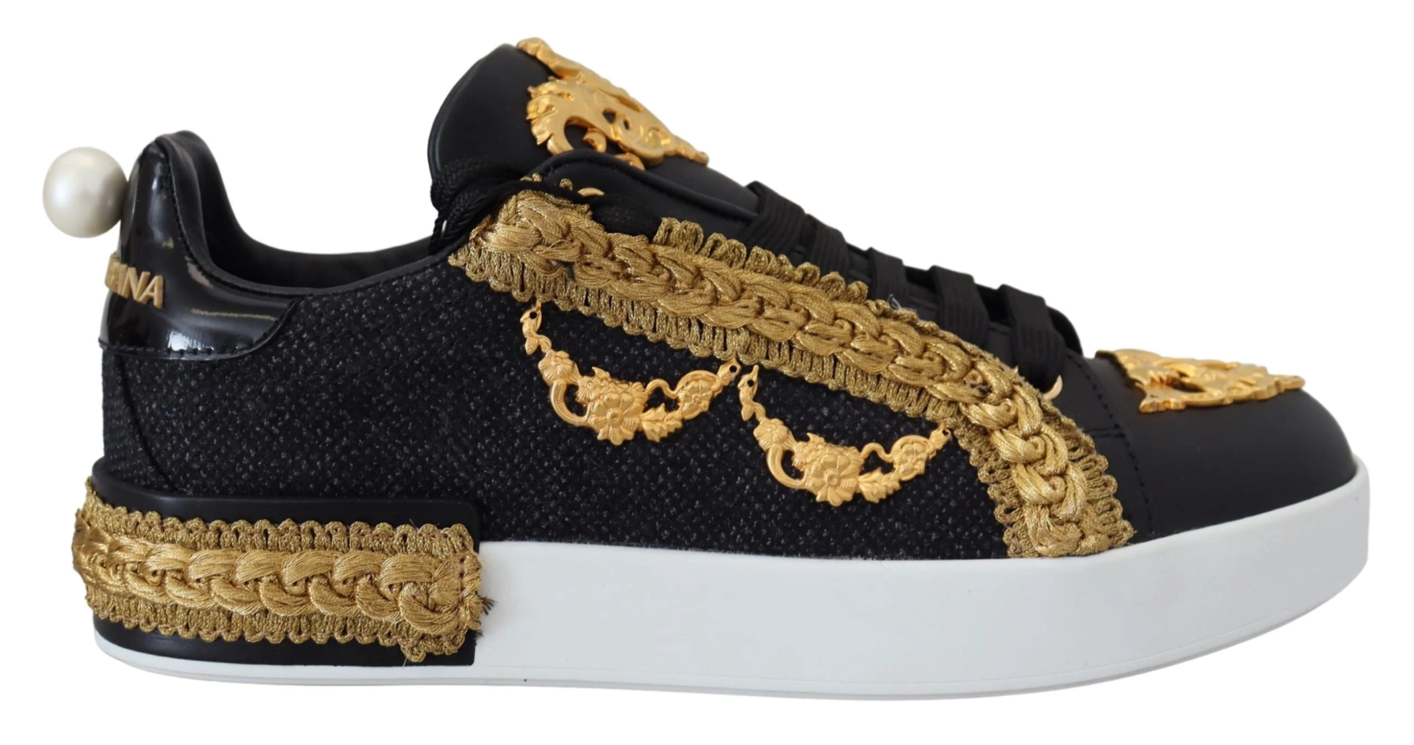 Dolce & Gabbana White Black Portofino Leather Sneakers Shoes