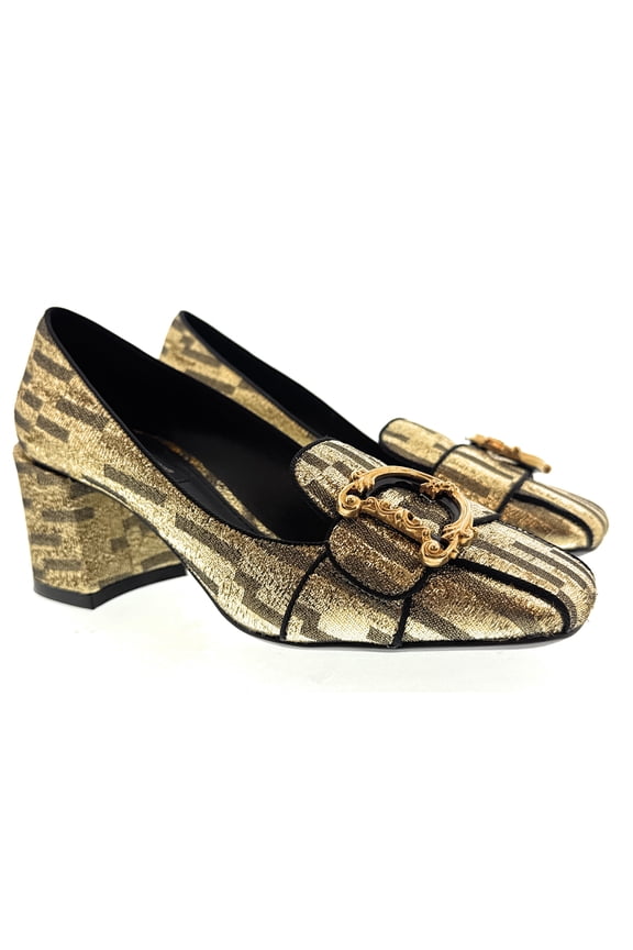 Gold/Black Brocade Animal Print Block Heel Shoes-EU36 for womens
