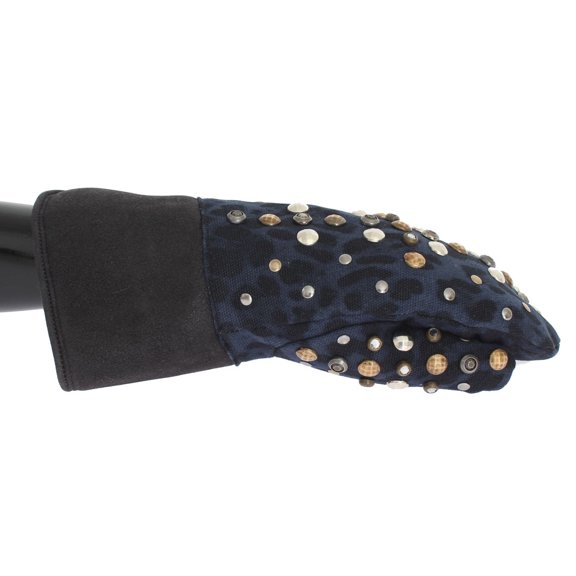 Dolce & Gabbana Gray Wool Shearling Studded Blue Leopard Gloves