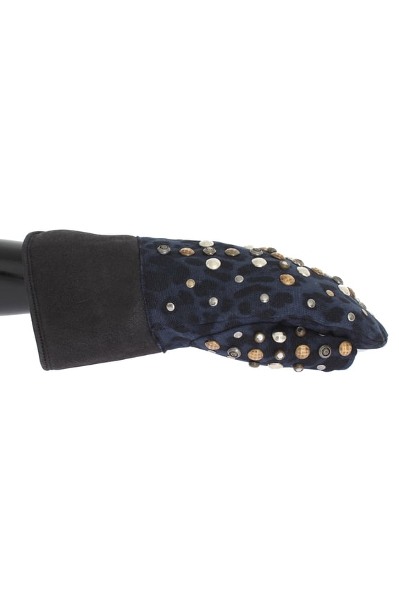 Gray Wool Shearling Studded Blue Leopard Gloves
