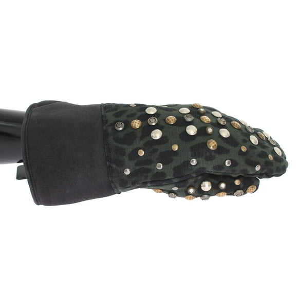 Dolce & Gabbana Gray Wool Shearling Studded Green Leopard Gloves