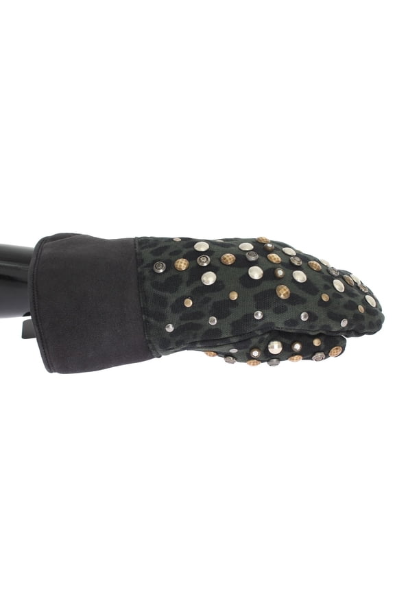 Gray Wool Shearling Studded Green Leopard Gloves