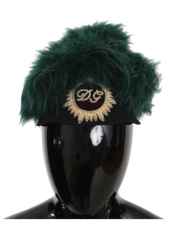 Dolce Gabbana Green Fur DG Logo Embroidered Cloche Hat