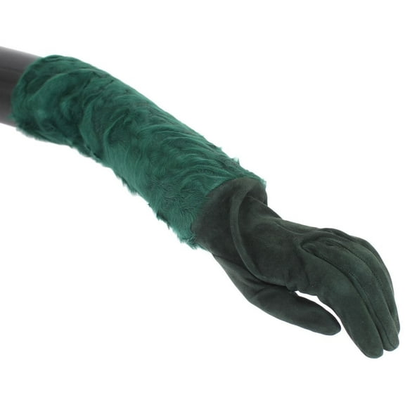 Dolce Gabbana Green Leather Xiangao Fur Elbow Gloves