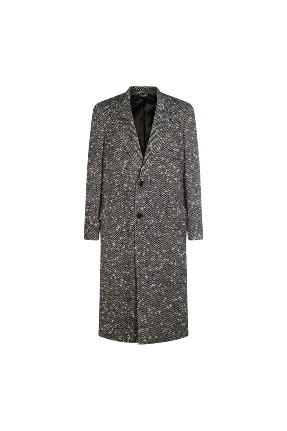 Textured Herringbone Long Coat With Notched Lapel (Men's)
