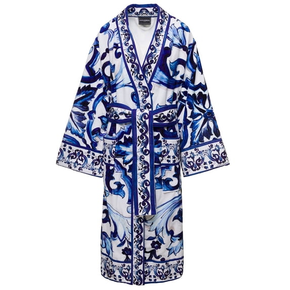 Dolce & Gabbana Multicolor Kimono Bathrobe With All-Over Blu Mediterraneo Print In Cotton (Men's)
