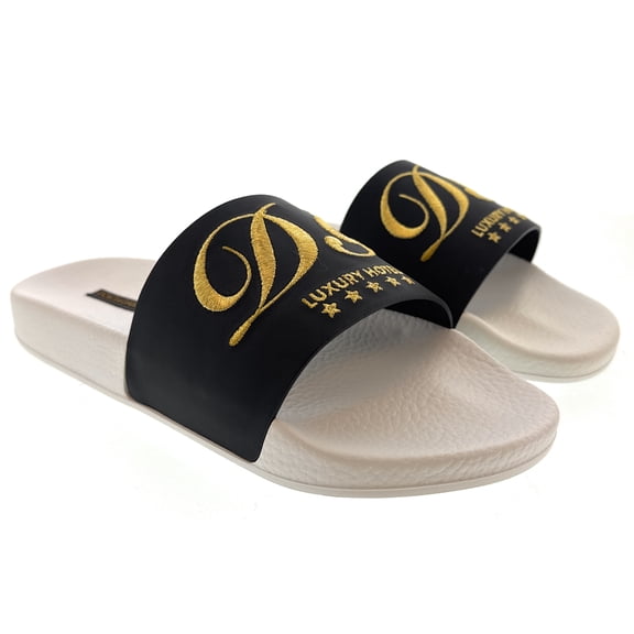 Dolce & Gabbana Men's Black & White Logo Slides Gold Embroidery Luxury Hotel Collection-EU39 for mens